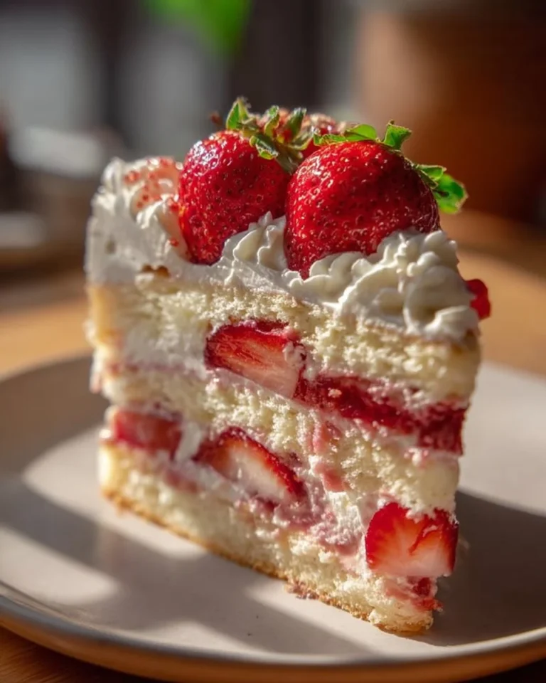 Delicious slice of Strawberry Earthquake Cake with fresh strawberries and cream