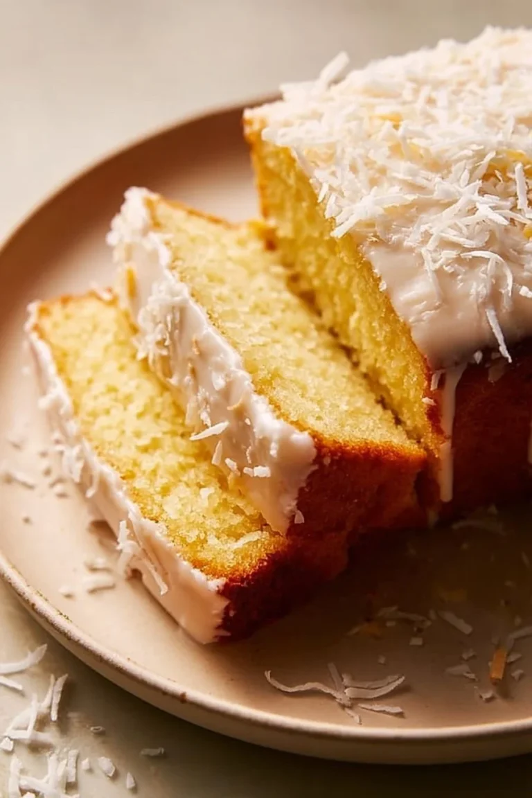 Tender coconut loaf cake with a moist texture and coconut topping.