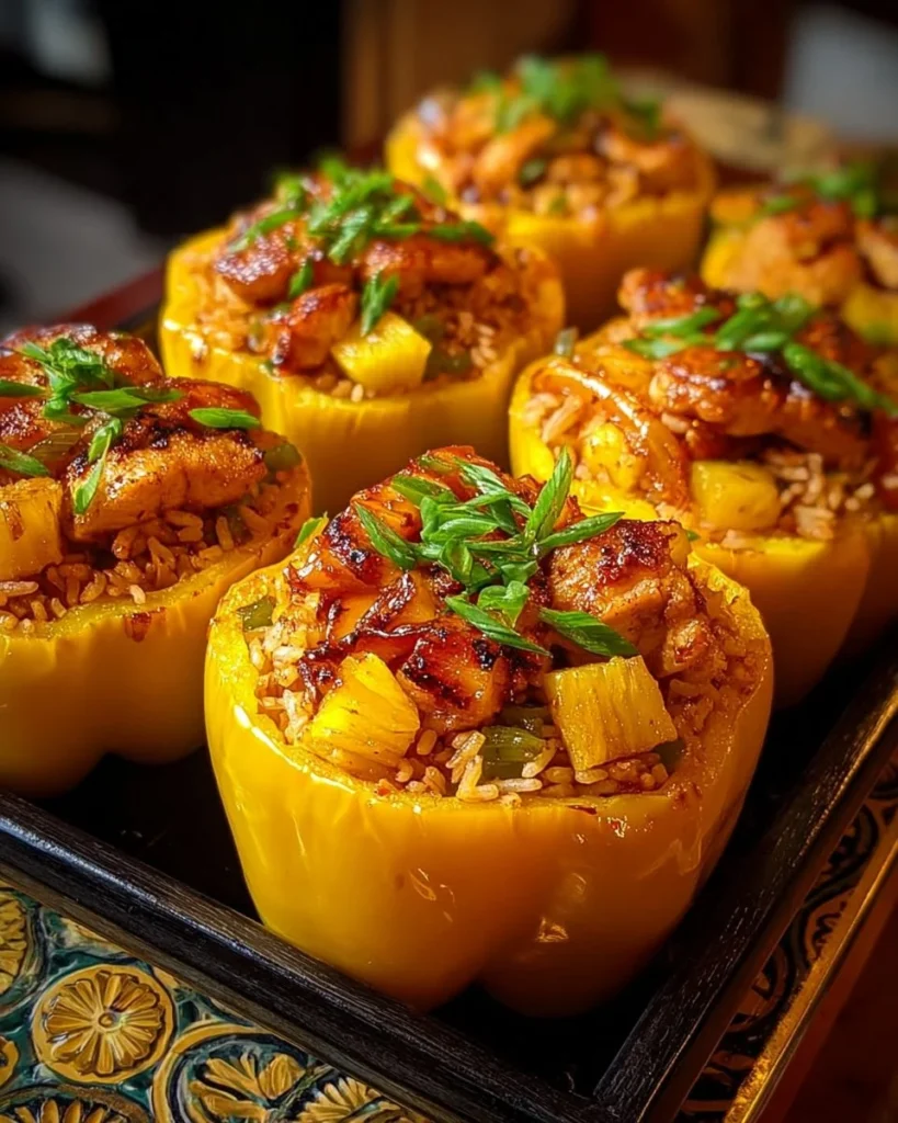 Teriyaki chicken stuffed peppers with pineapple and rice.
