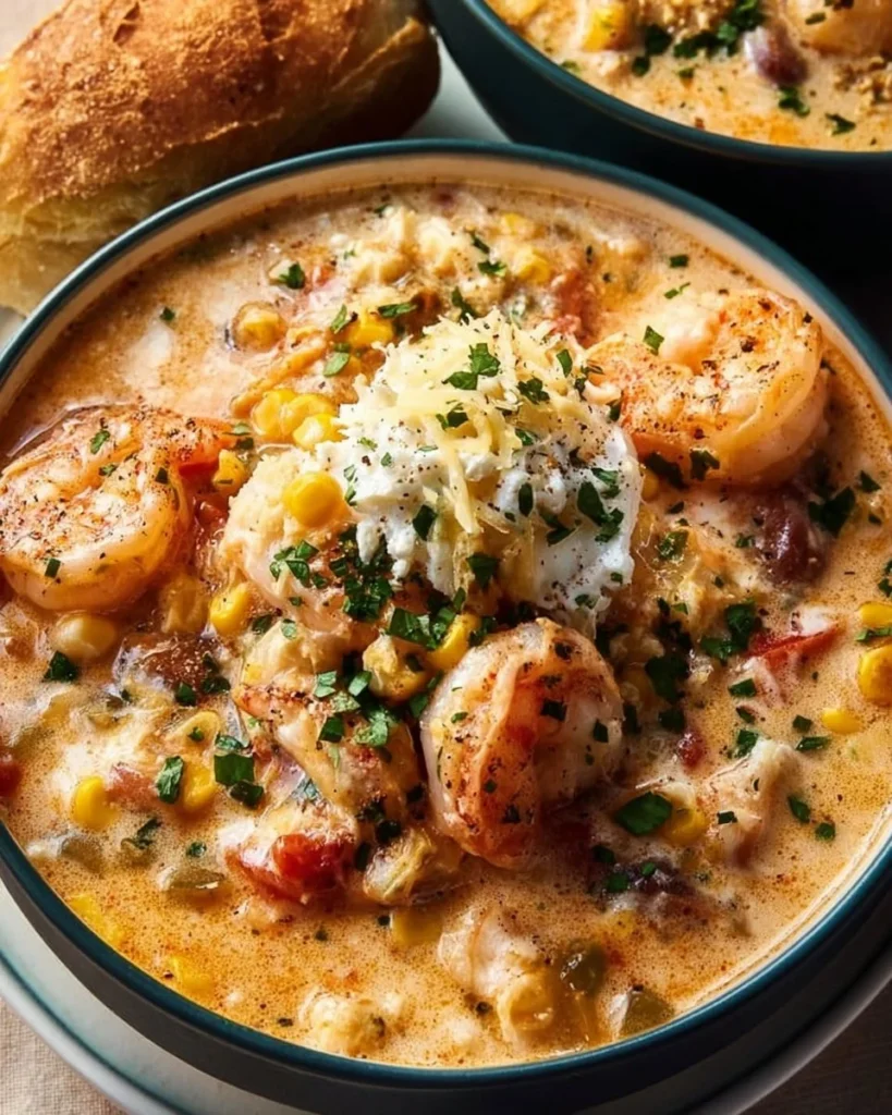 Bowl of creamy seafood chili with shrimp, garnished with herbs