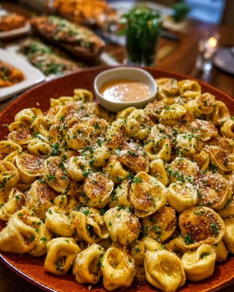 Crispy and cheesy tortellini poppers served with dipping sauce.