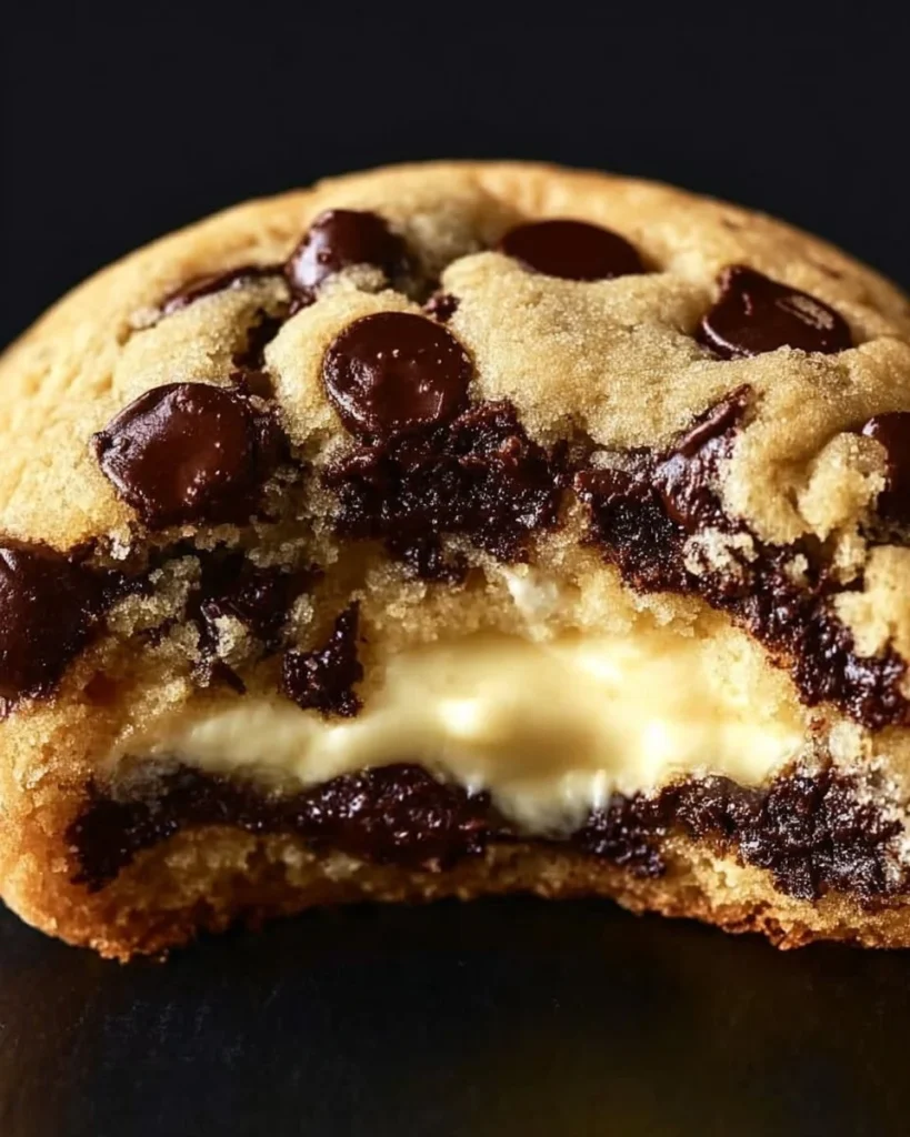 Delicious cheesecake stuffed chocolate chip cookies on a plate.