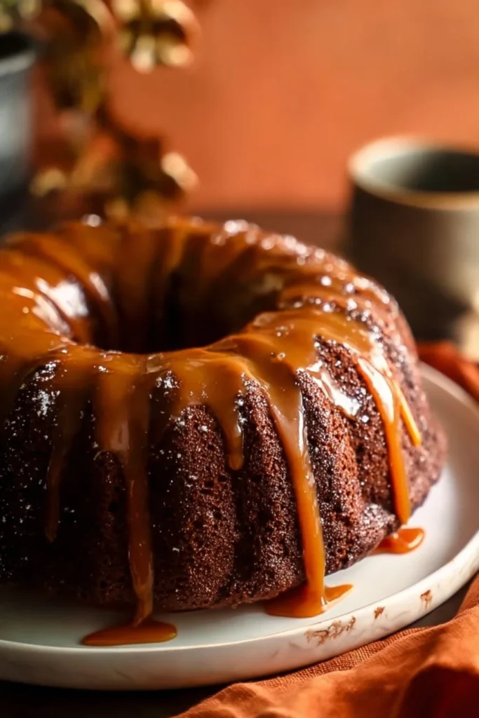 Ultimate Guinness Chocolate Cake topped with salted caramel drizzle