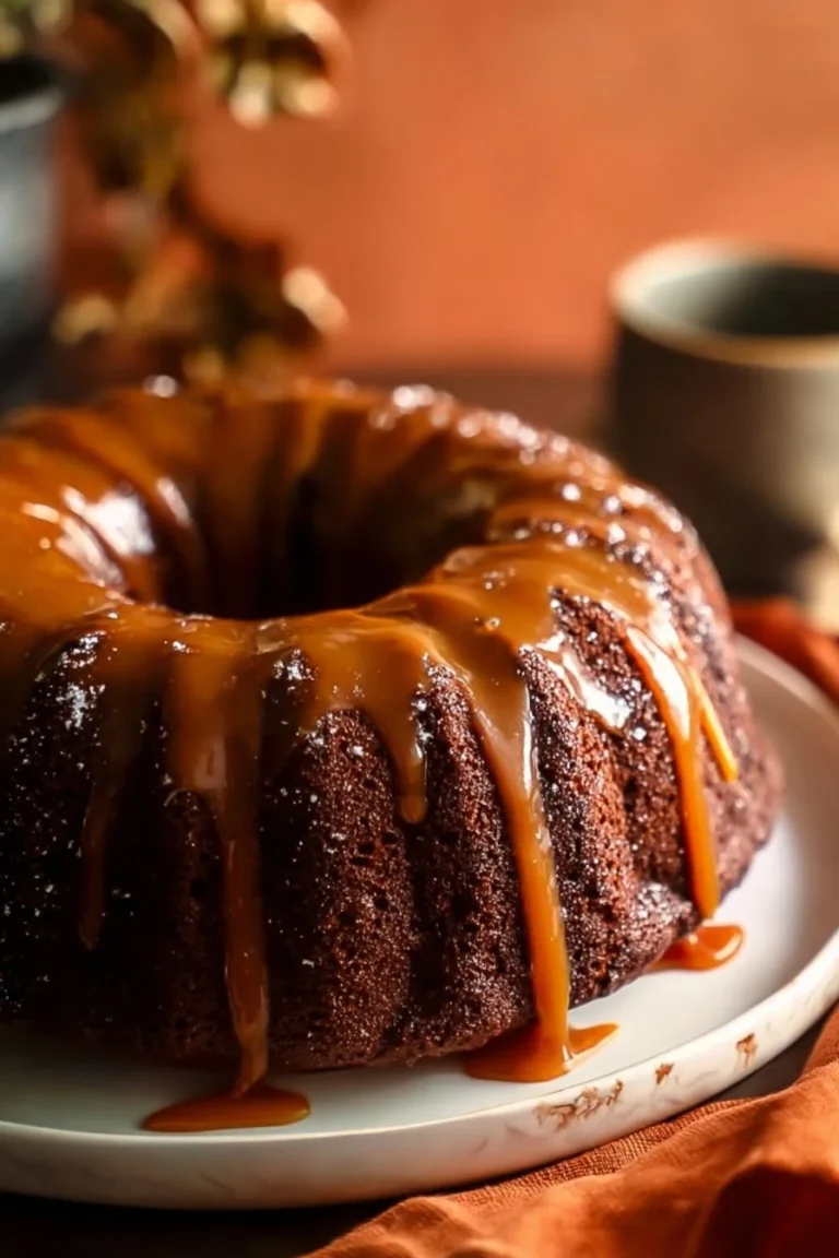 Ultimate Guinness Chocolate Cake topped with salted caramel drizzle