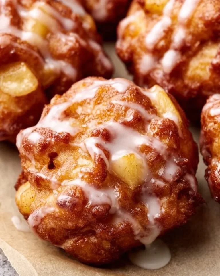 Baked apple fritters on a plate, topped with sweet glaze.