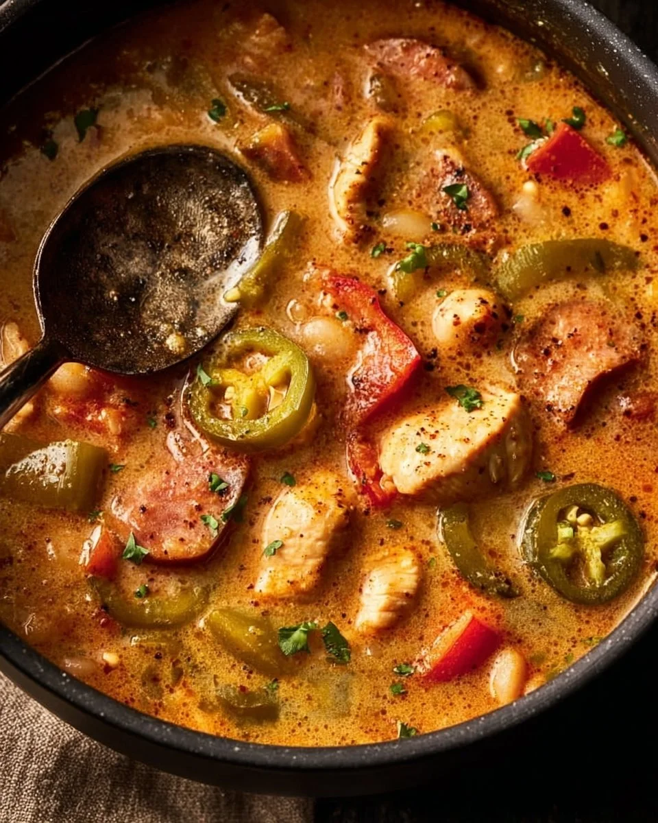 Bowl of Cajun White Chicken Chili topped with green onions and served with cornbread.
