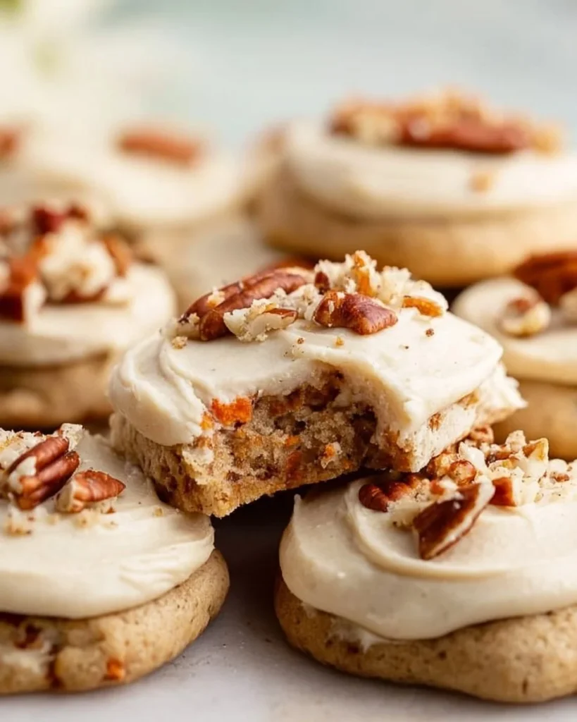 Delicious carrot cake cookies with cream cheese frosting on top