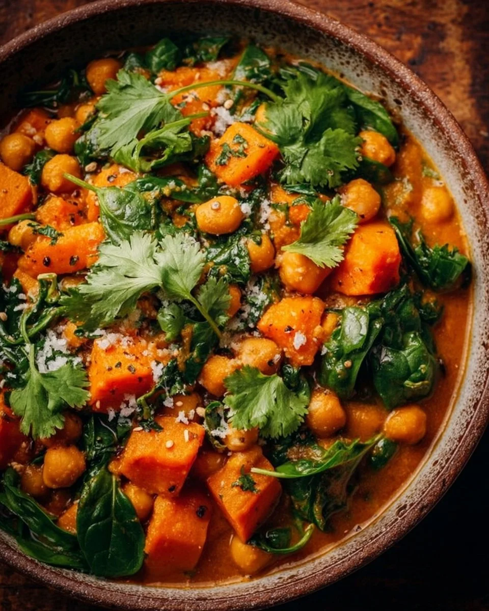 A bowl of spicy Chickpea Vindaloo served with rice and garnished with herbs