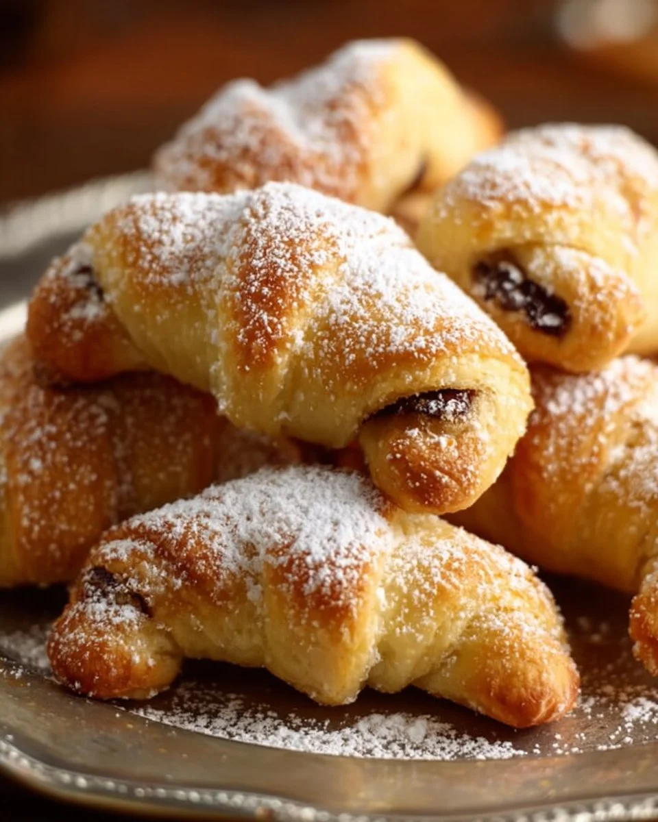 Freshly baked chocolate crescents with melted chocolate filling