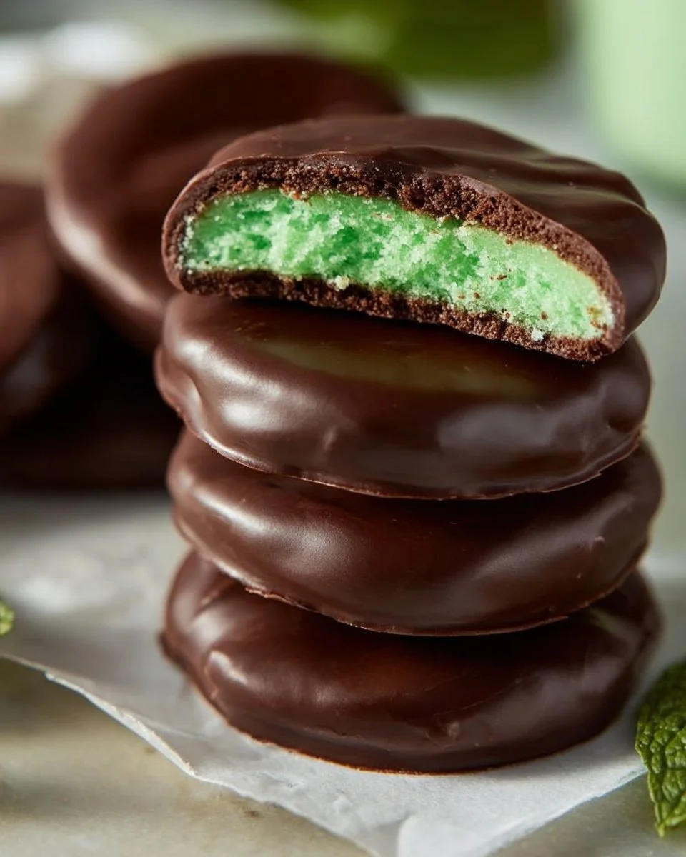 Delicious homemade Chocolate Mint Patties on a plate garnished with mint leaves