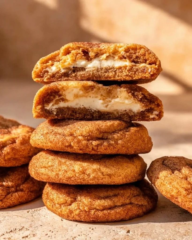 Churro cheesecake cookies arranged on a platter, topped with cinnamon sugar.