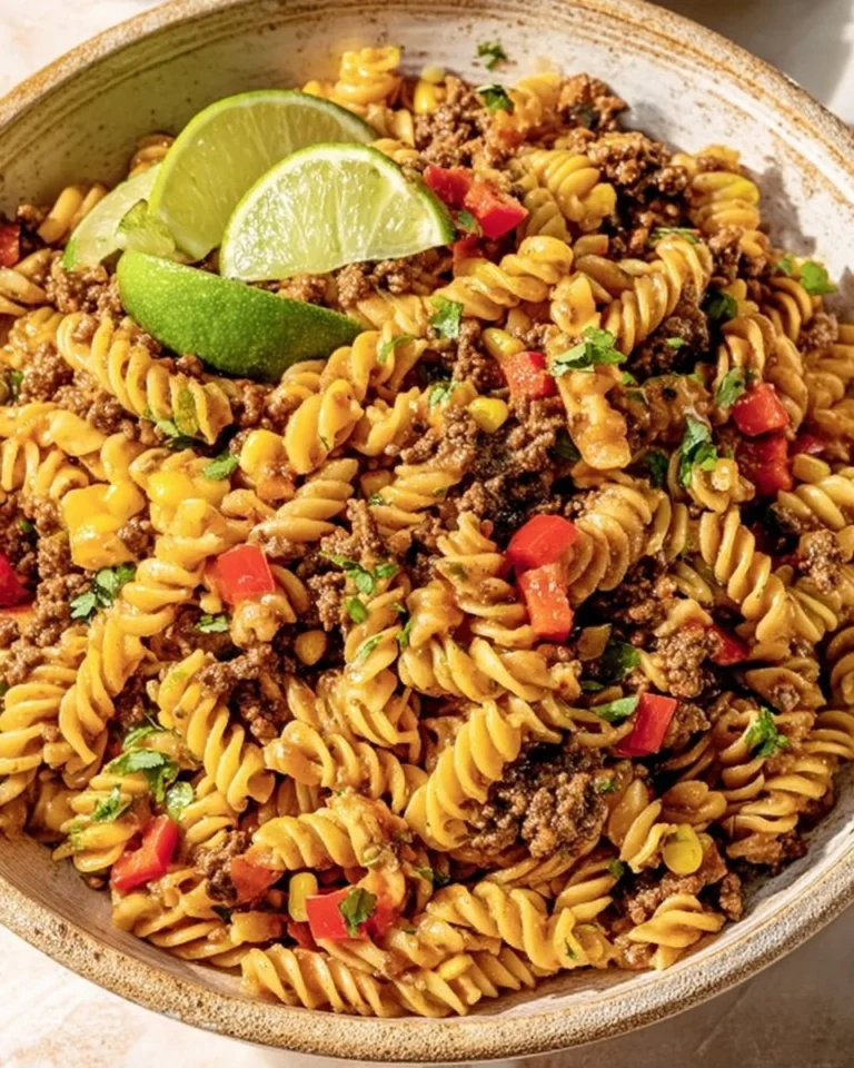 Delicious Cowboy Pasta Salad with colorful vegetables and dressing
