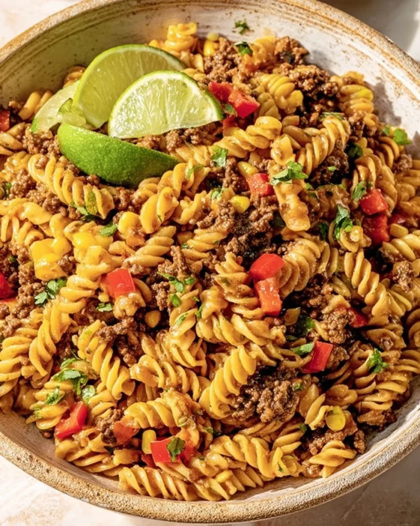 Delicious Cowboy Pasta Salad with colorful vegetables and dressing