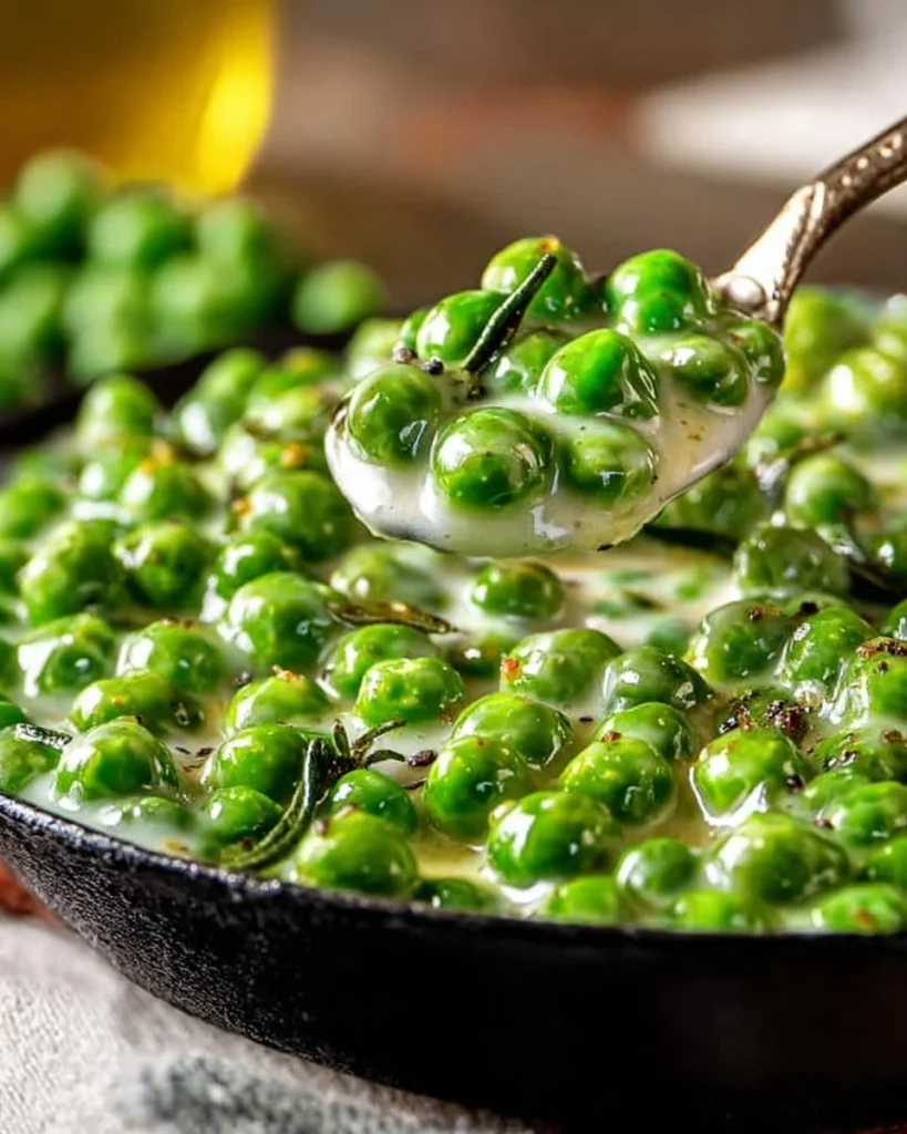 Creamed peas dish served in a bowl, showcasing its creamy texture and vibrant color.