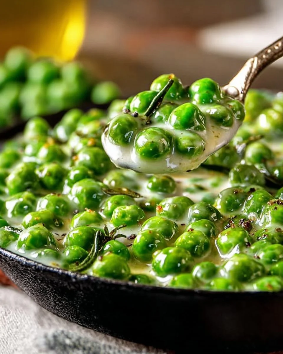 Creamed peas dish served in a bowl, showcasing its creamy texture and vibrant color.