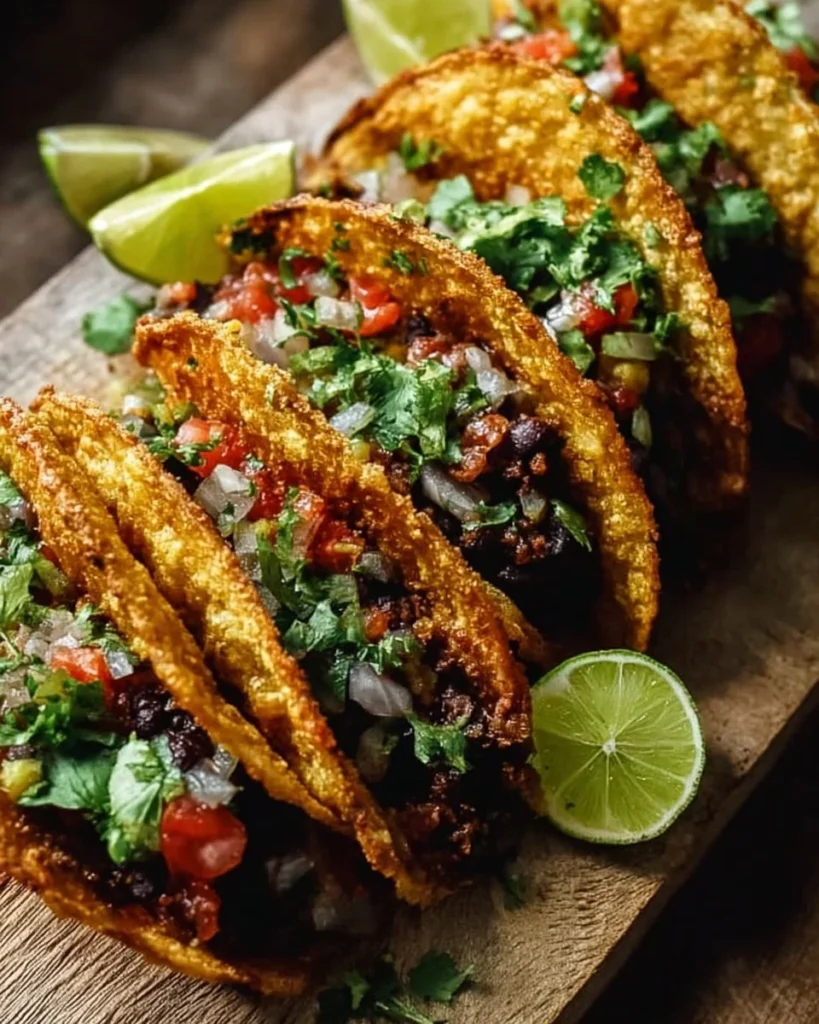 Crispy black bean tacos topped with fresh vegetables and avocado