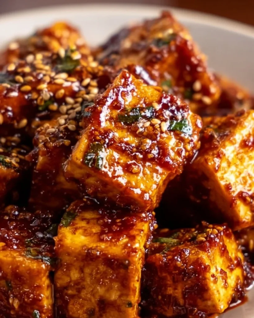 Crispy gochujang tofu served with vegetables and rice.