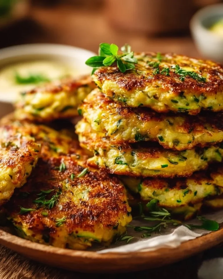Plate of crispy zucchini fritters garnished with herbs