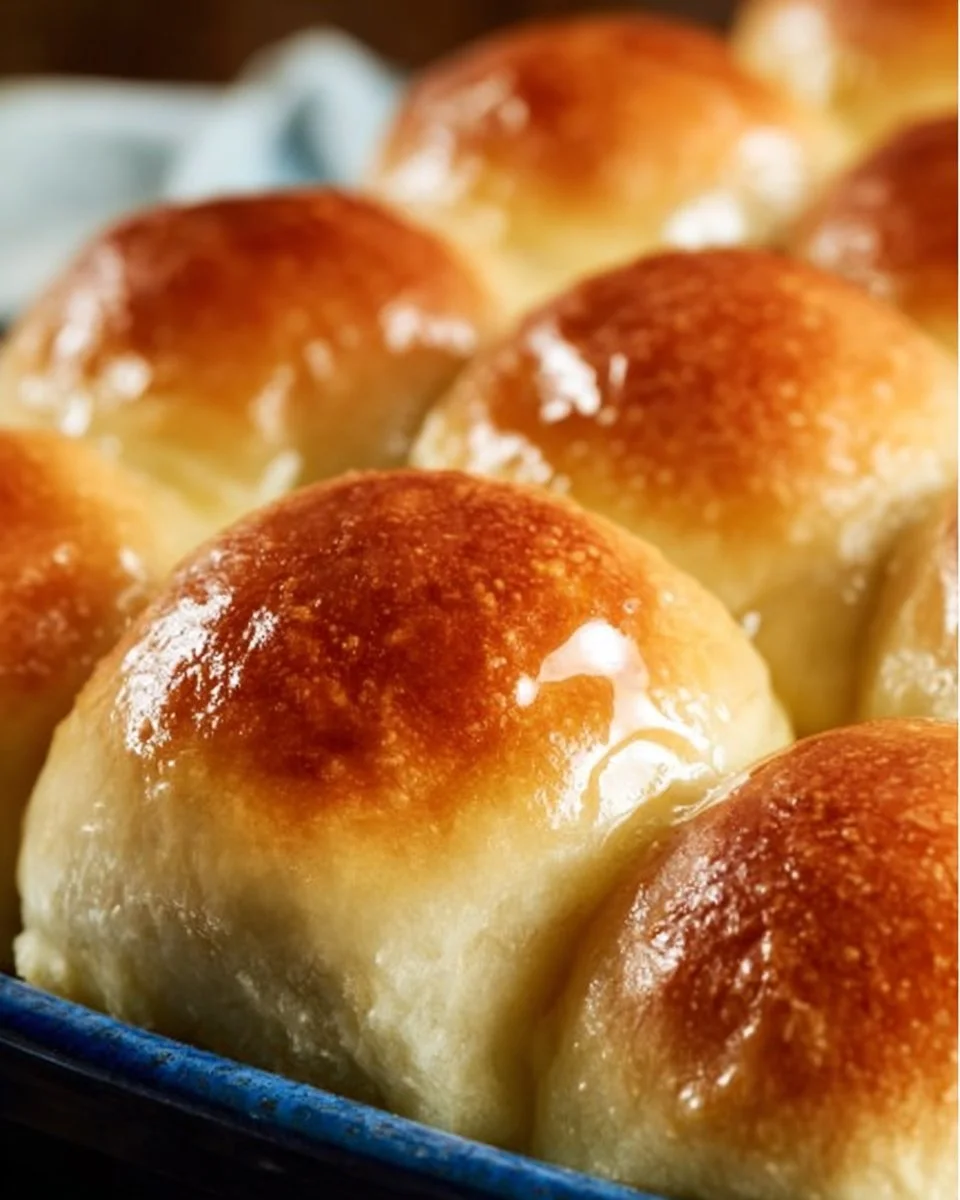 Fluffy homemade dinner rolls fresh out of the oven.