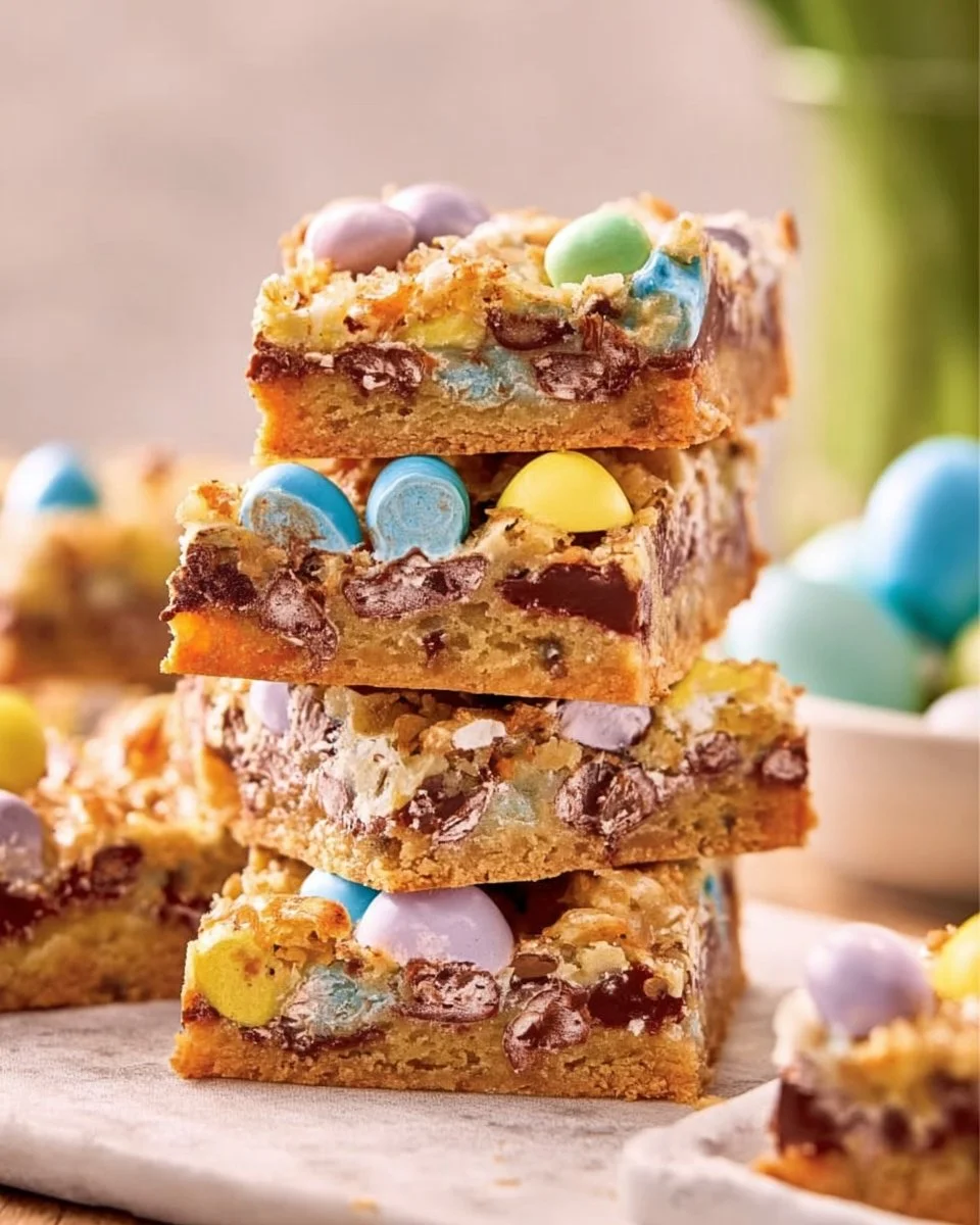 Easter magic cookie bars topped with chocolate and colorful sprinkles.