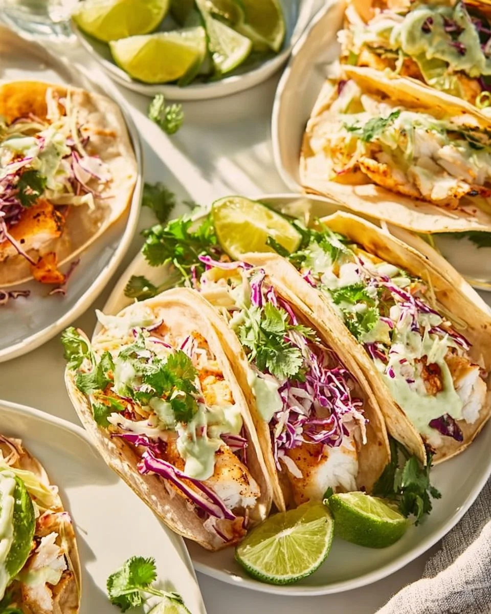 Delicious easy fish tacos on a plate with fresh toppings