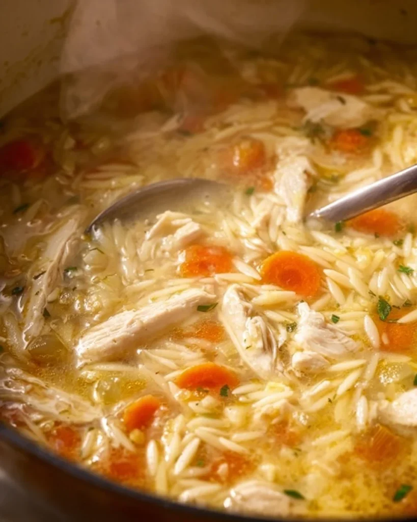Bowl of easy lemon chicken orzo soup with fresh herbs and lemon slices
