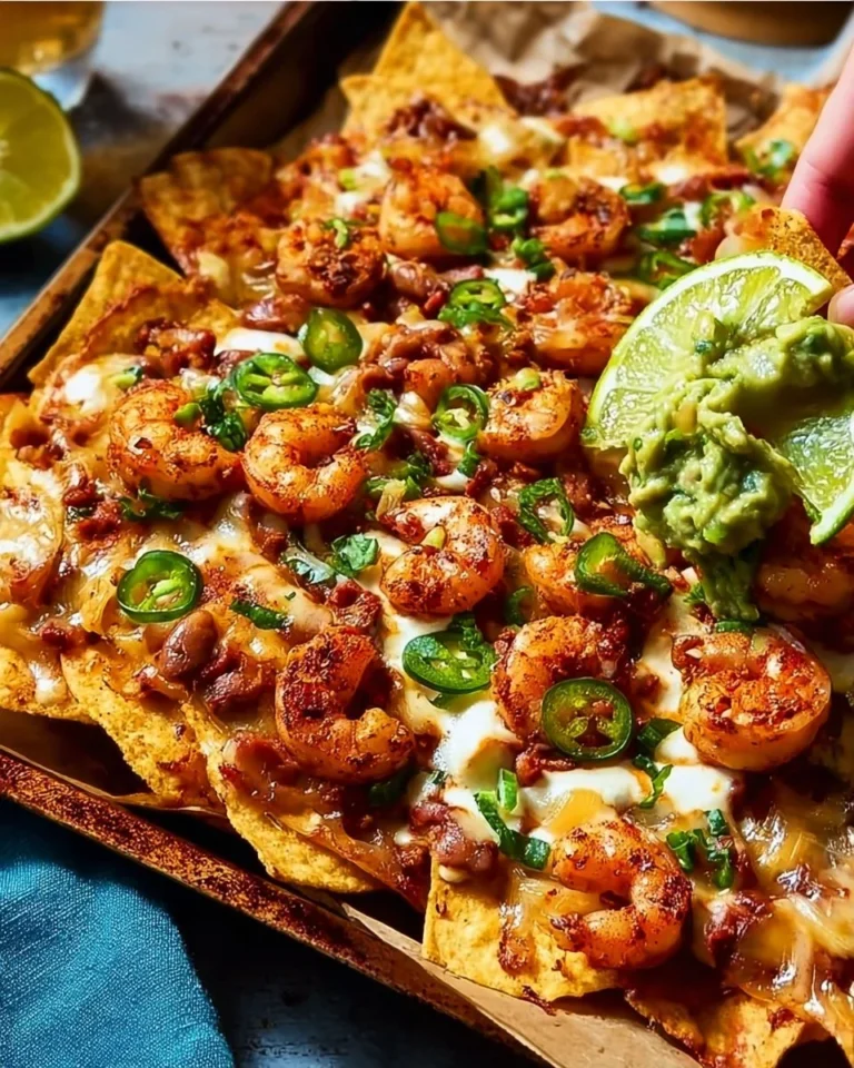 Delicious easy shrimp nachos topped with cheese and fresh ingredients