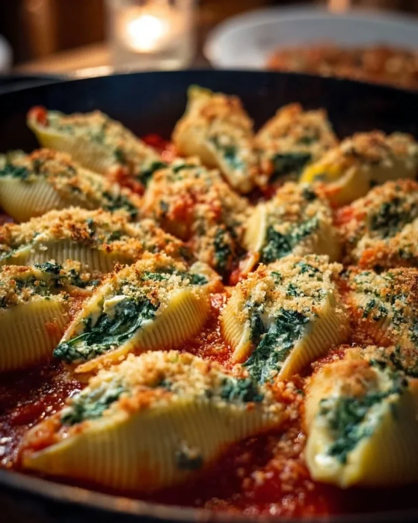 Easy spinach ricotta stuffed shells on a plate garnished with herbs