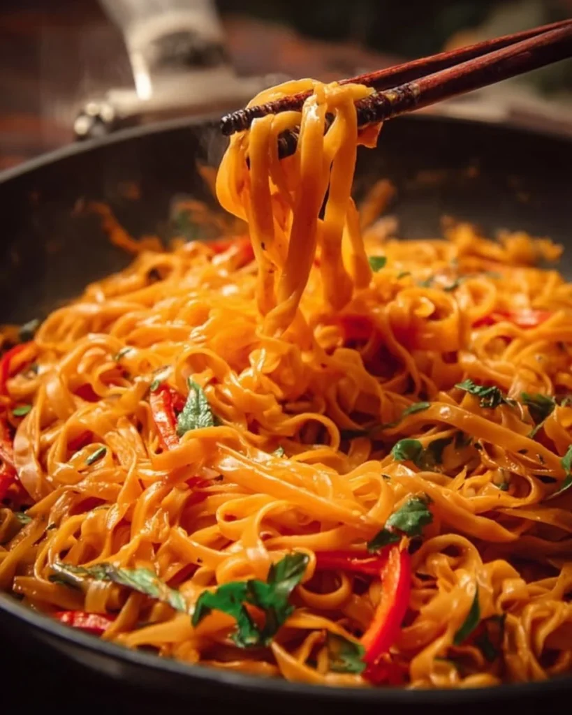 Bowl of Easy Thai Red Curry Noodles garnished with fresh herbs