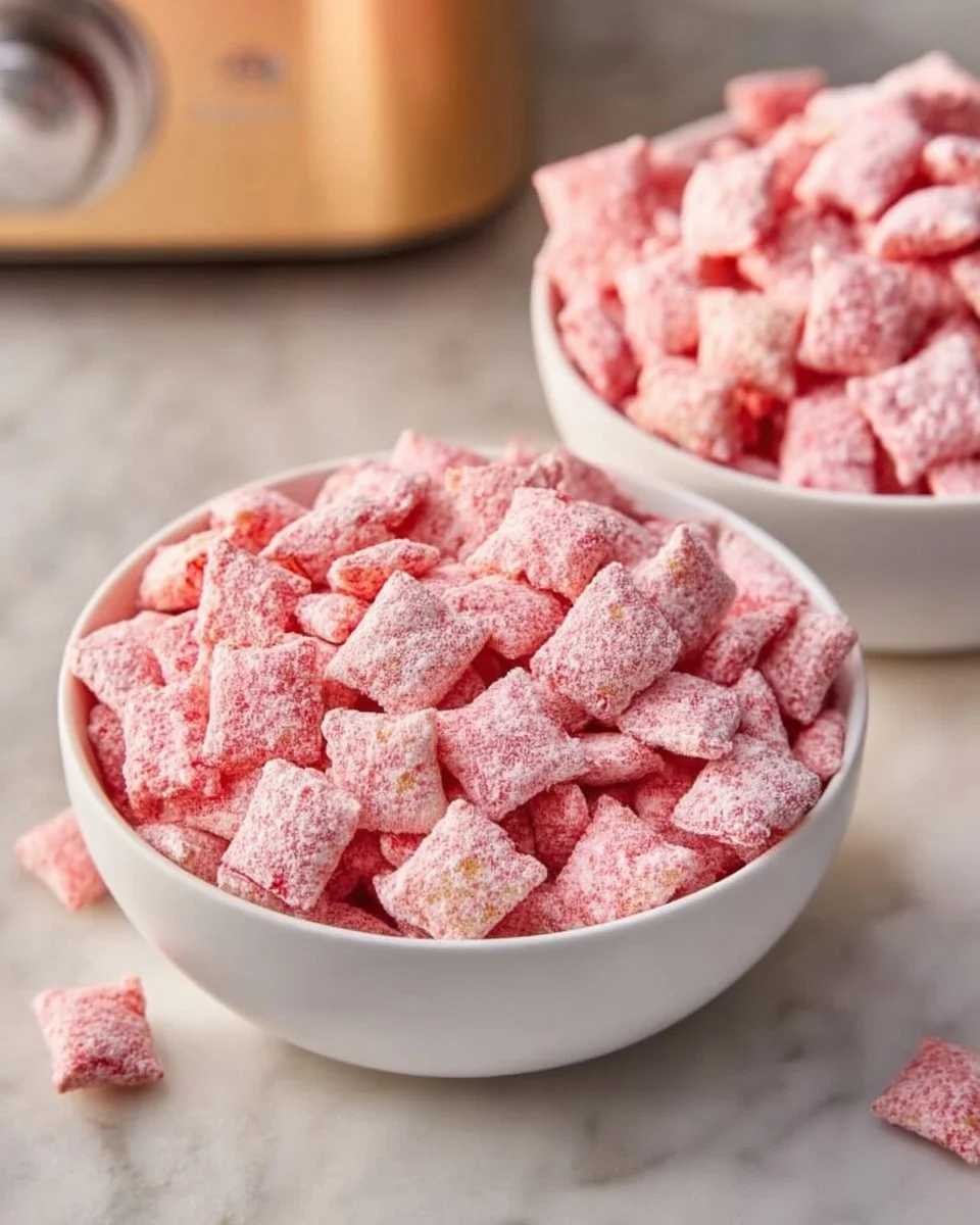 Fluffy Strawberry Shortcake Puppy Chow dessert in a bowl with fresh strawberries
