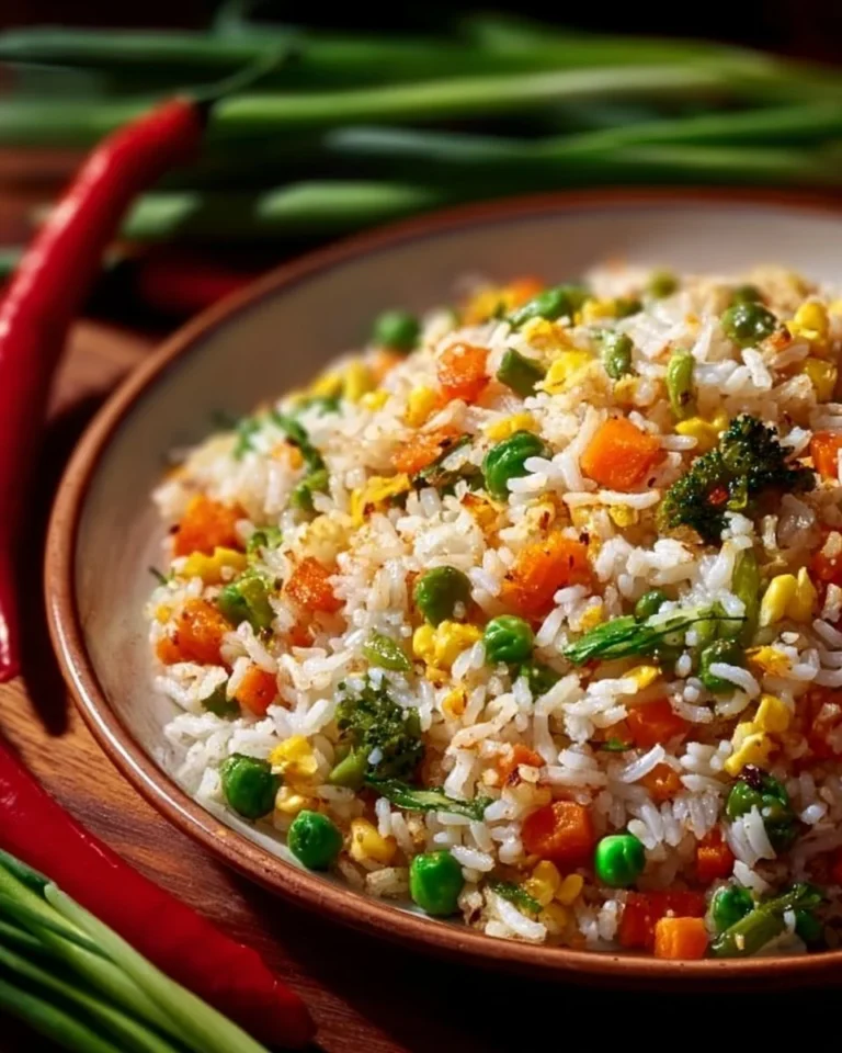 Healthy vegetable fried rice in a bowl, ready for a wholesome vegetarian dinner.