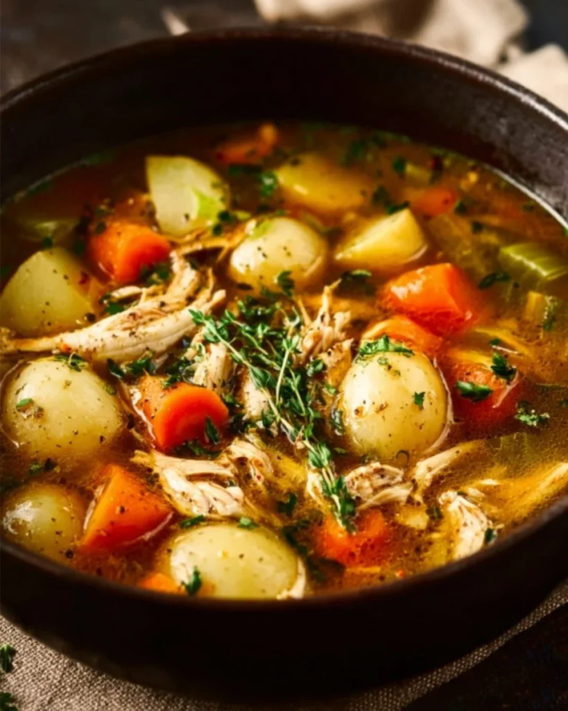 Bowl of hearty chicken veggie soup with fresh vegetables and herbs