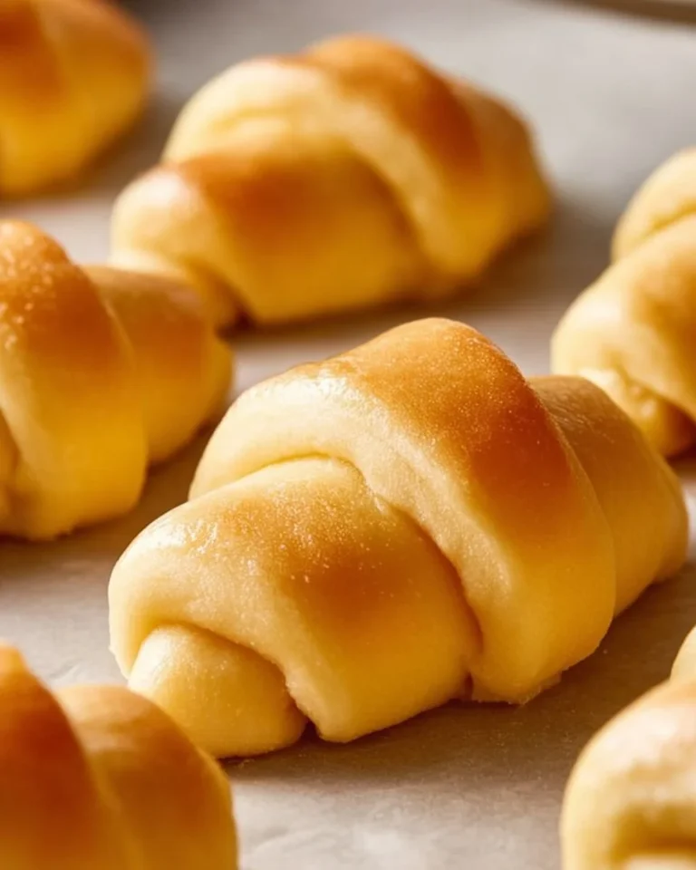 Freshly baked homemade buttery golden crescent rolls on a serving plate