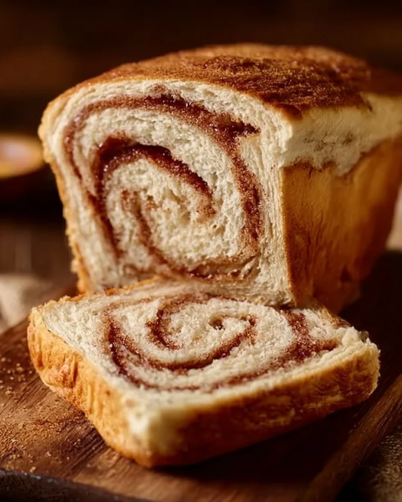 Freshly baked homemade cinnamon bread with a golden crust and swirls of cinnamon sugar