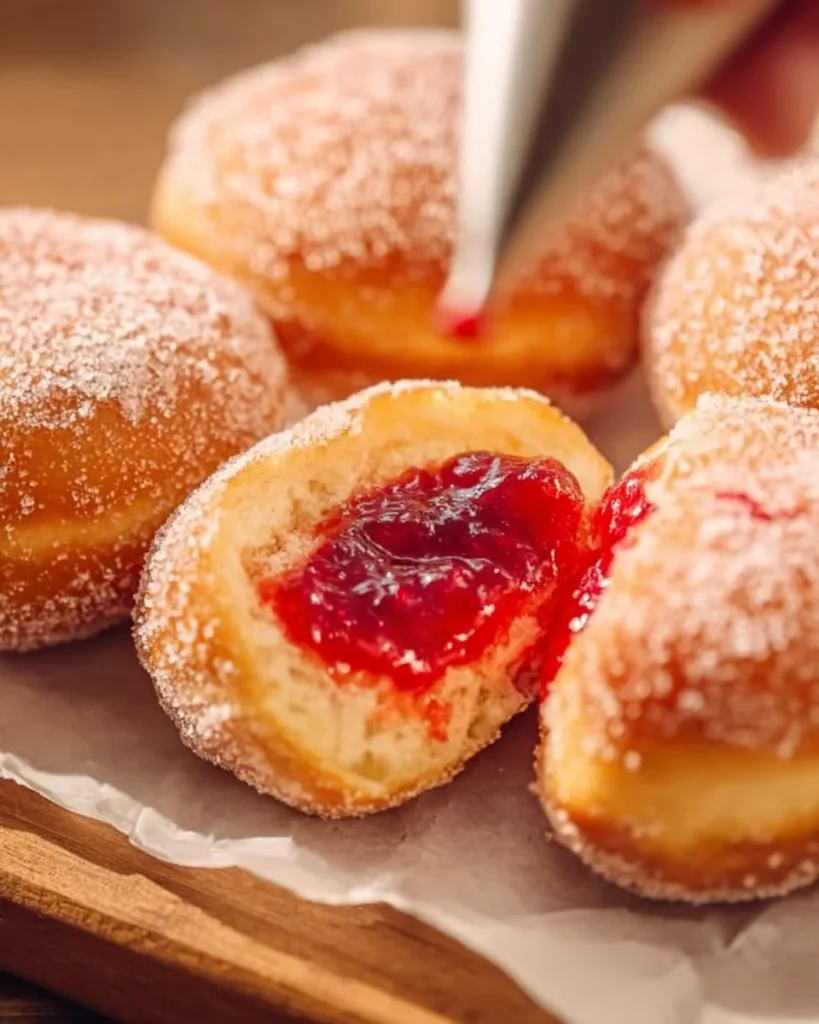 Homemade jelly donuts dusted with powdered sugar on a wooden table