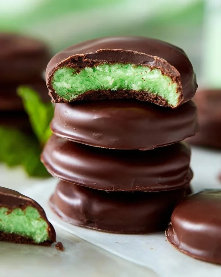 Homemade mint patties on a white plate, showcasing a delicious chocolate coating.