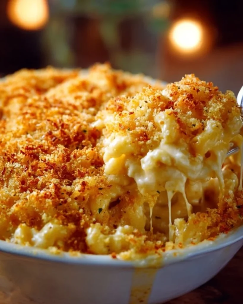 Delicious homemade baked mac and cheese served in a casserole dish