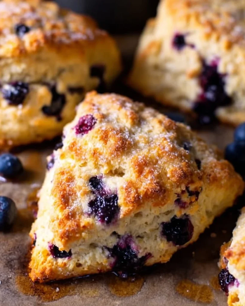 Freshly baked lemon blueberry scones with blueberries and lemon zest