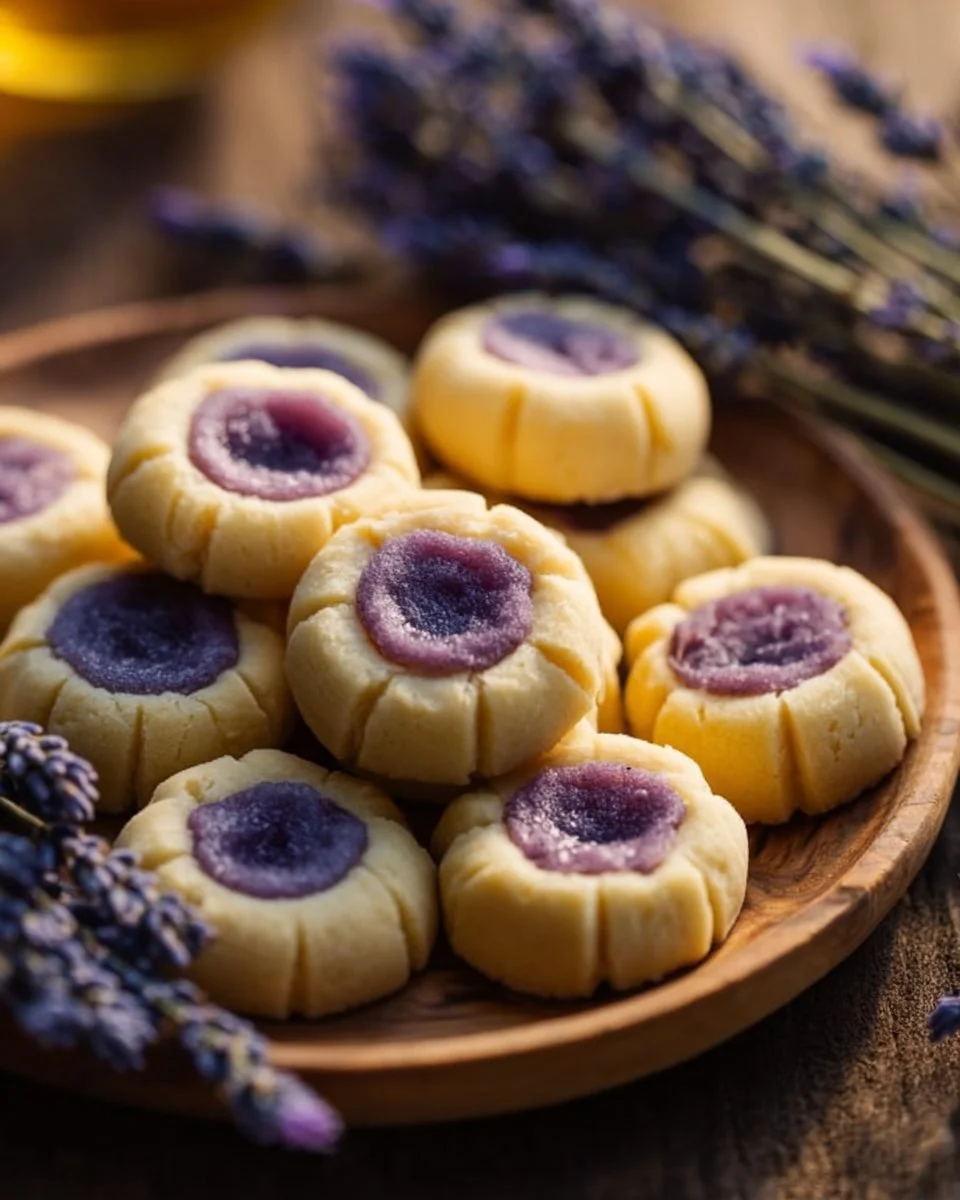 Lemon Lavender Thumbprint Cookies freshly baked on a cooling rack.