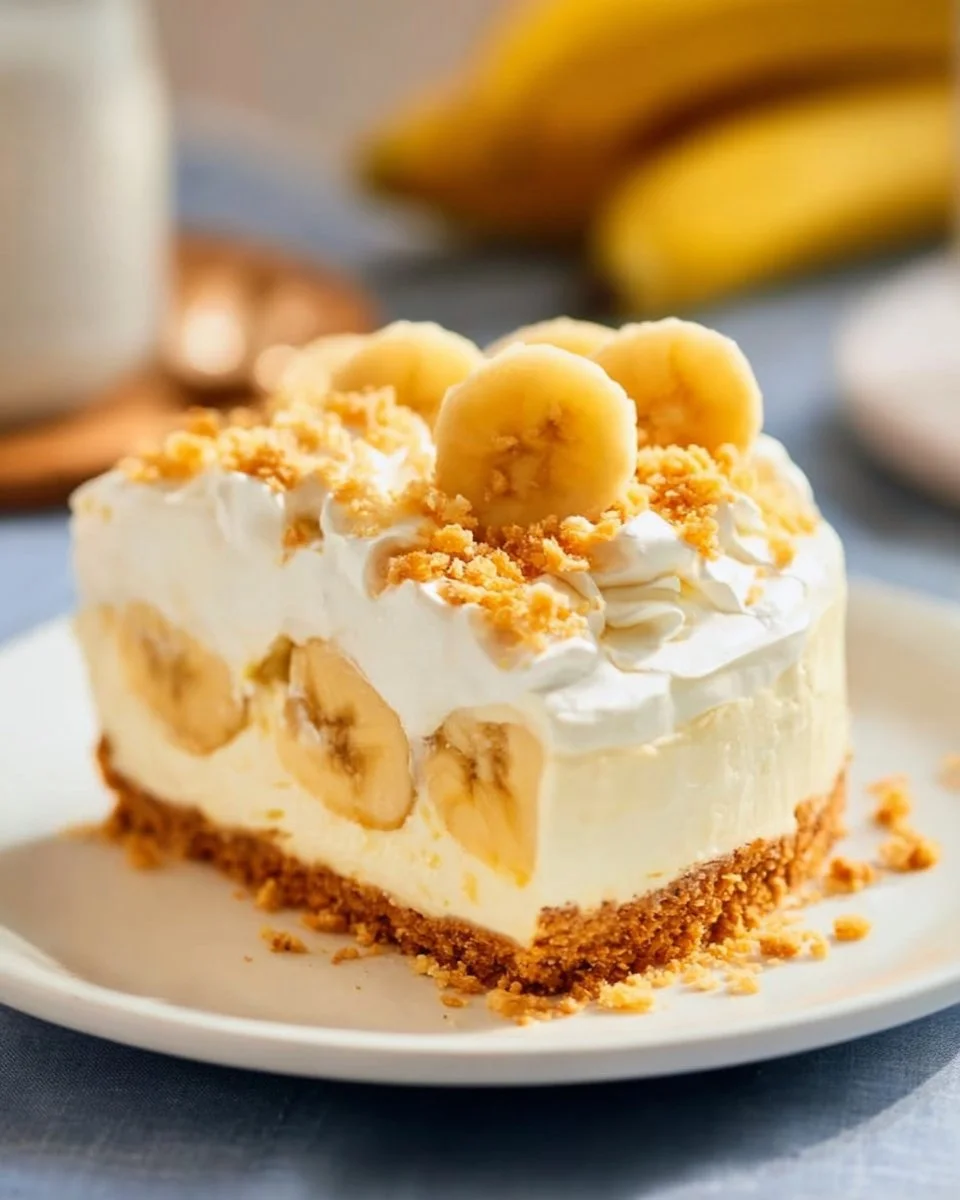 No Bake Banana Cream Cheesecake topped with fresh bananas and whipped cream