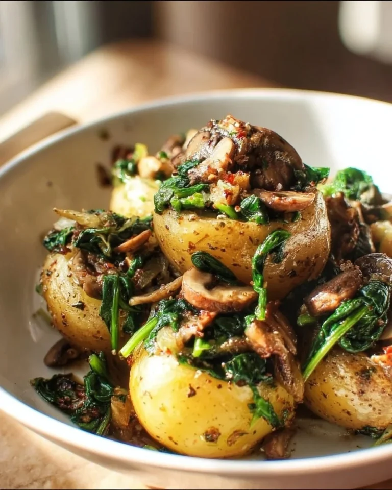 Oven-roasted potatoes with spinach and mushrooms in a serving dish