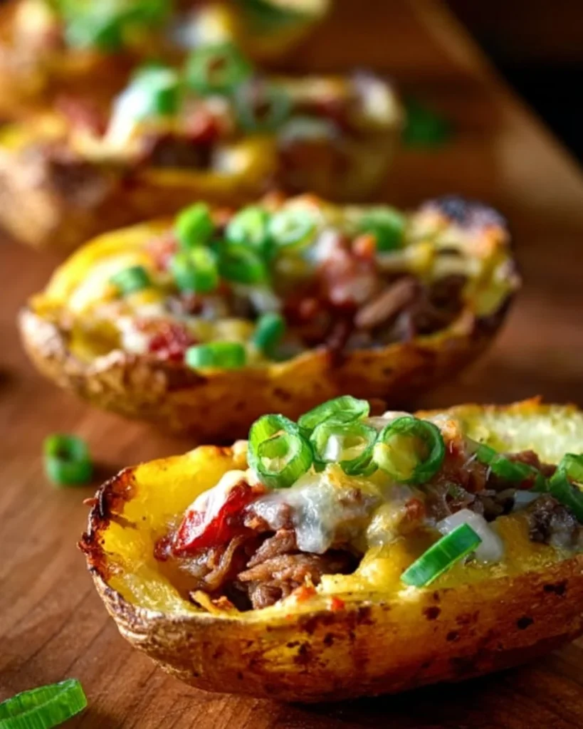 Delicious Philly Cheese Steak Potato Skins topped with cheese and beef
