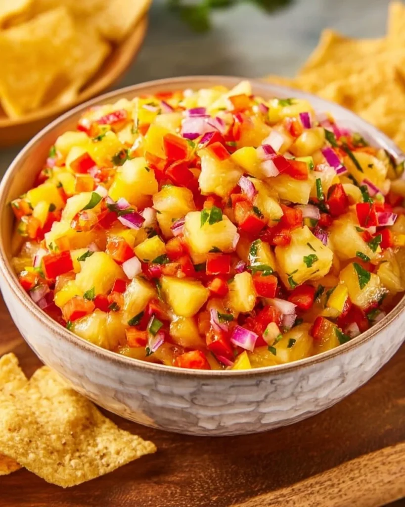 Delicious Pineapple Mango Salsa served with tortilla chips