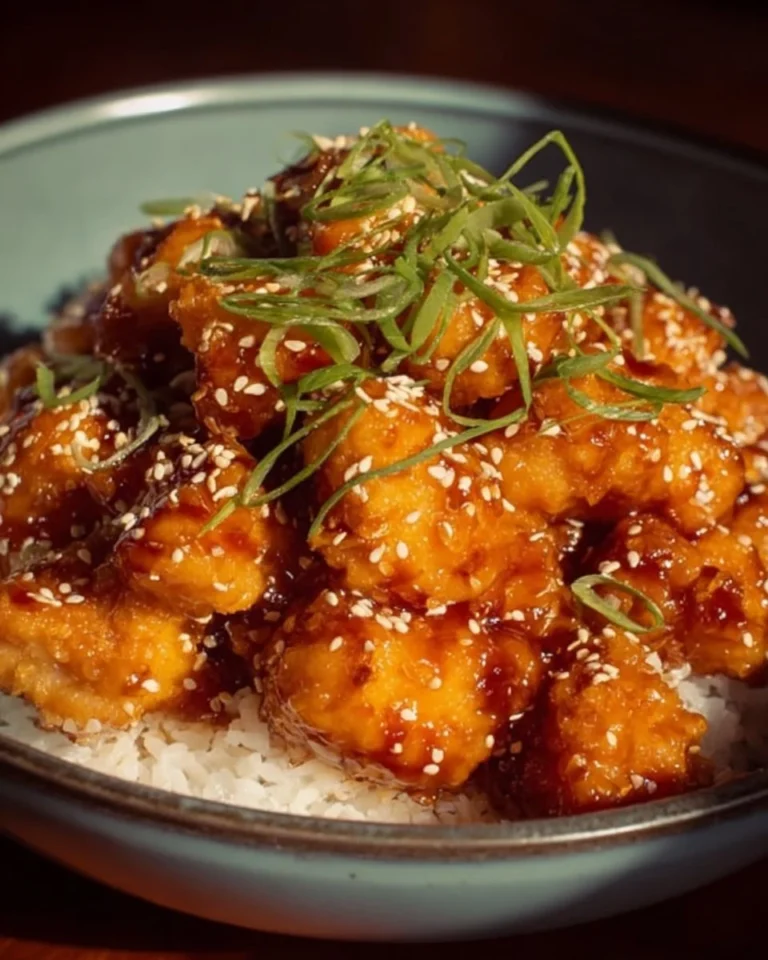 Easy orange chicken dish made in a crock pot, garnished with sesame seeds and green onions.