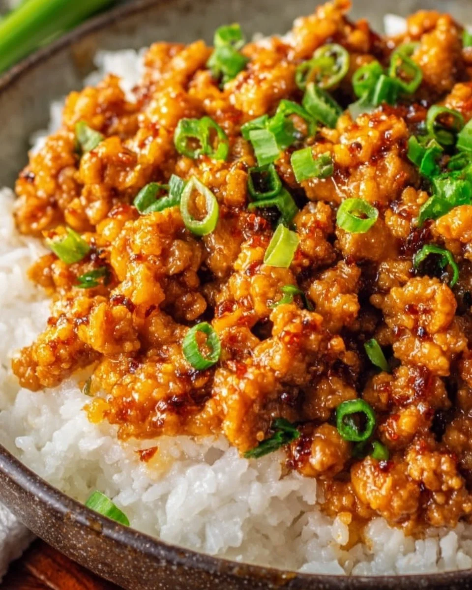 Quick healthy ground orange chicken recipe with ground turkey served in a bowl