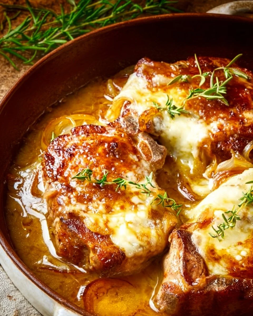 Savory French Onion Pork Chops cooked in a rich onion sauce