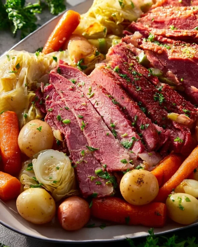 Delicious slow cooker corned beef and cabbage served on a plate