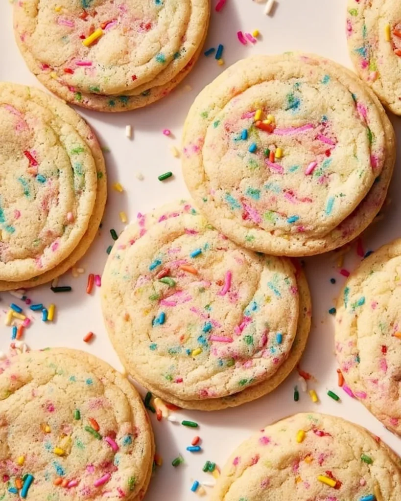 Soft chewy Funfetti sprinkle cookies fresh out of the oven
