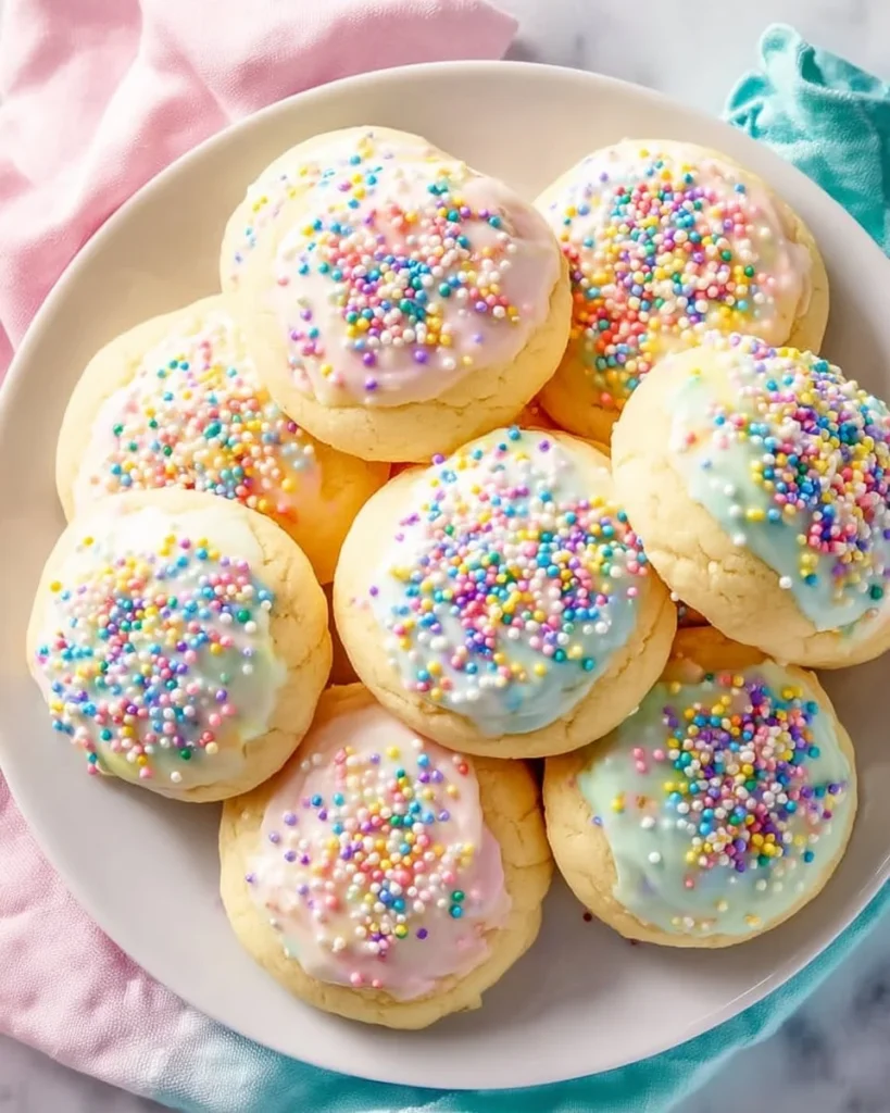 Soft Italian Easter cookies decorated with colorful icing and sprinkles.
