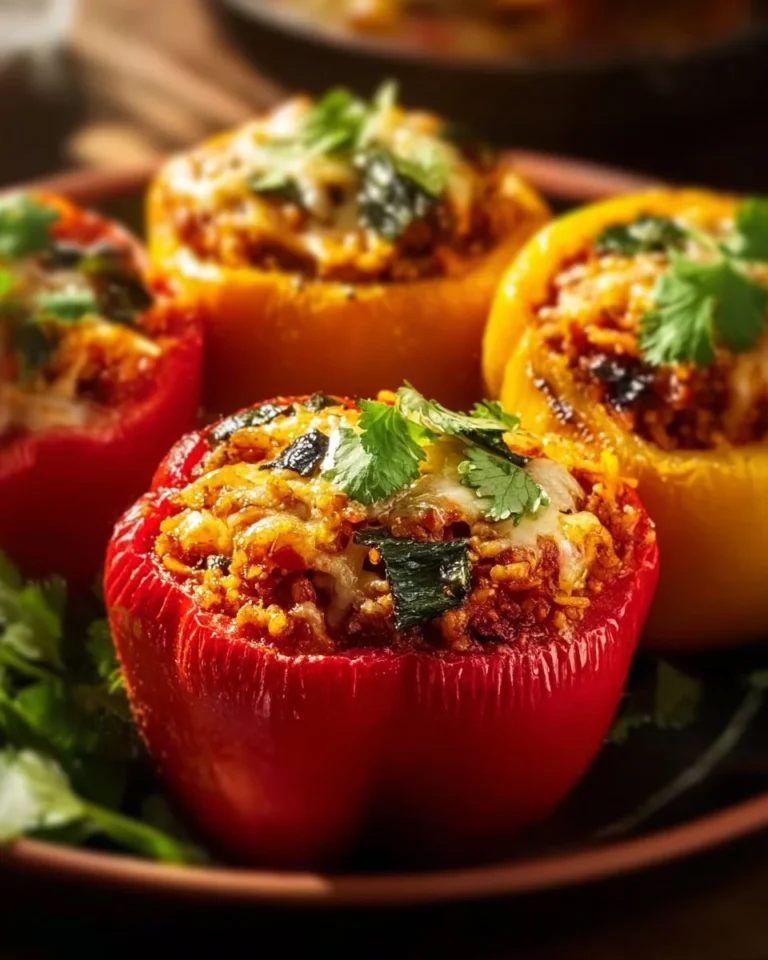 Delicious spicy vegetarian stuffed peppers filled with rice and vegetables